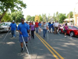 a group of people carrying white canes walk down the middle of a street