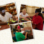 A Photo Collage: Top, Diane McGeorge works with Ron and Mickey using muffin tins and tennis balls. Below, Dianne H. types on a Perkins Brailler.