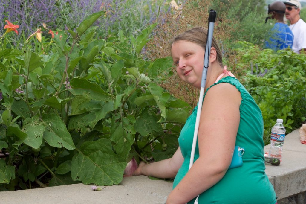 a smiling young woman parts green foliage to find a bulbous purple eggplant