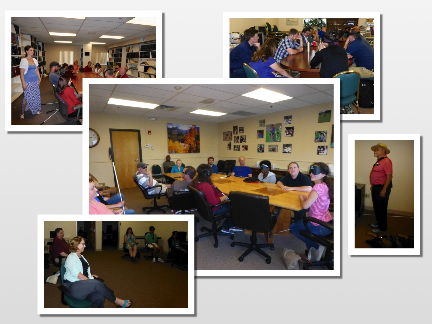 Collage of photos showing board members talking to students in various classrooms