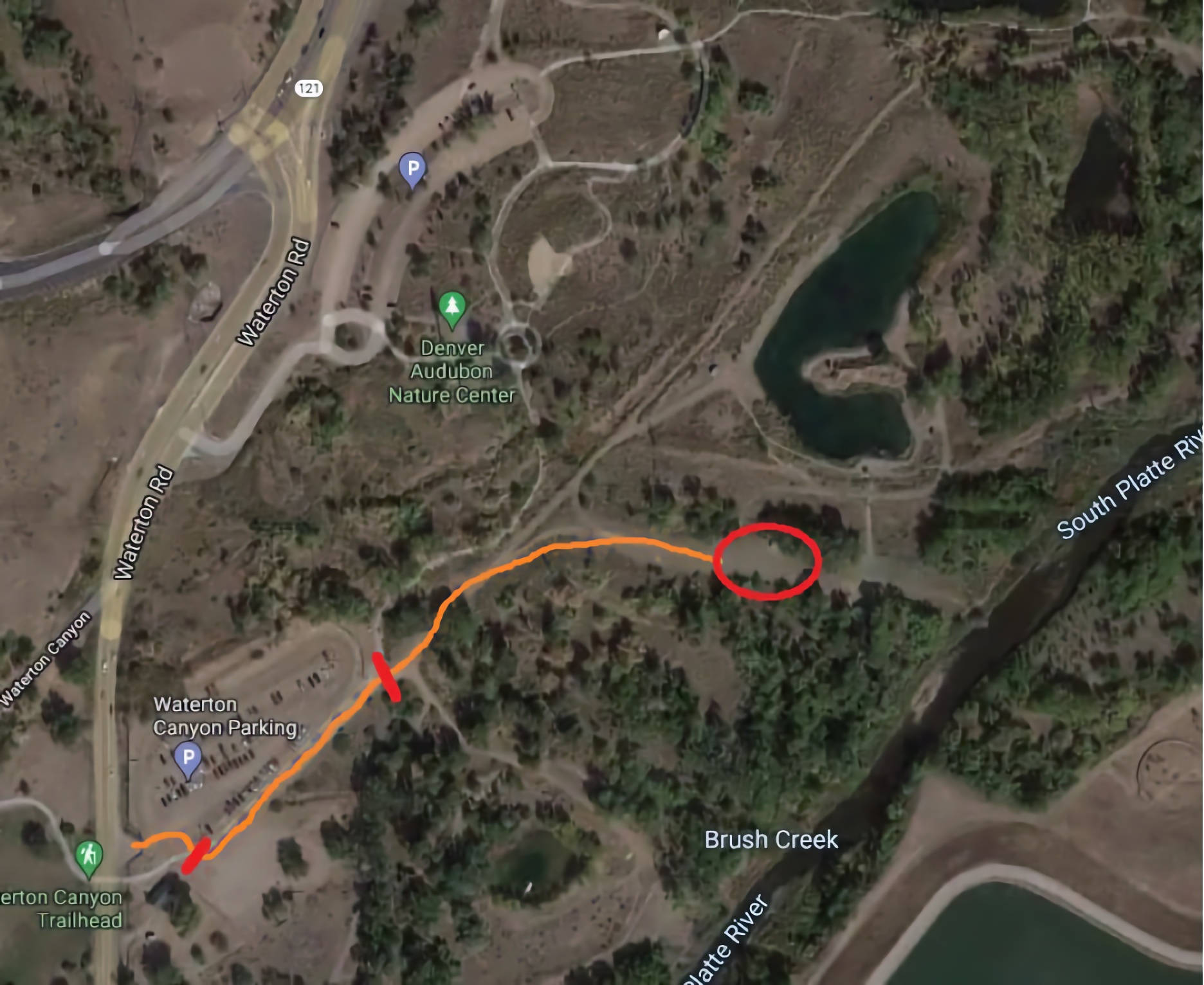 Satellite image showing the parking lot and route to the lake.