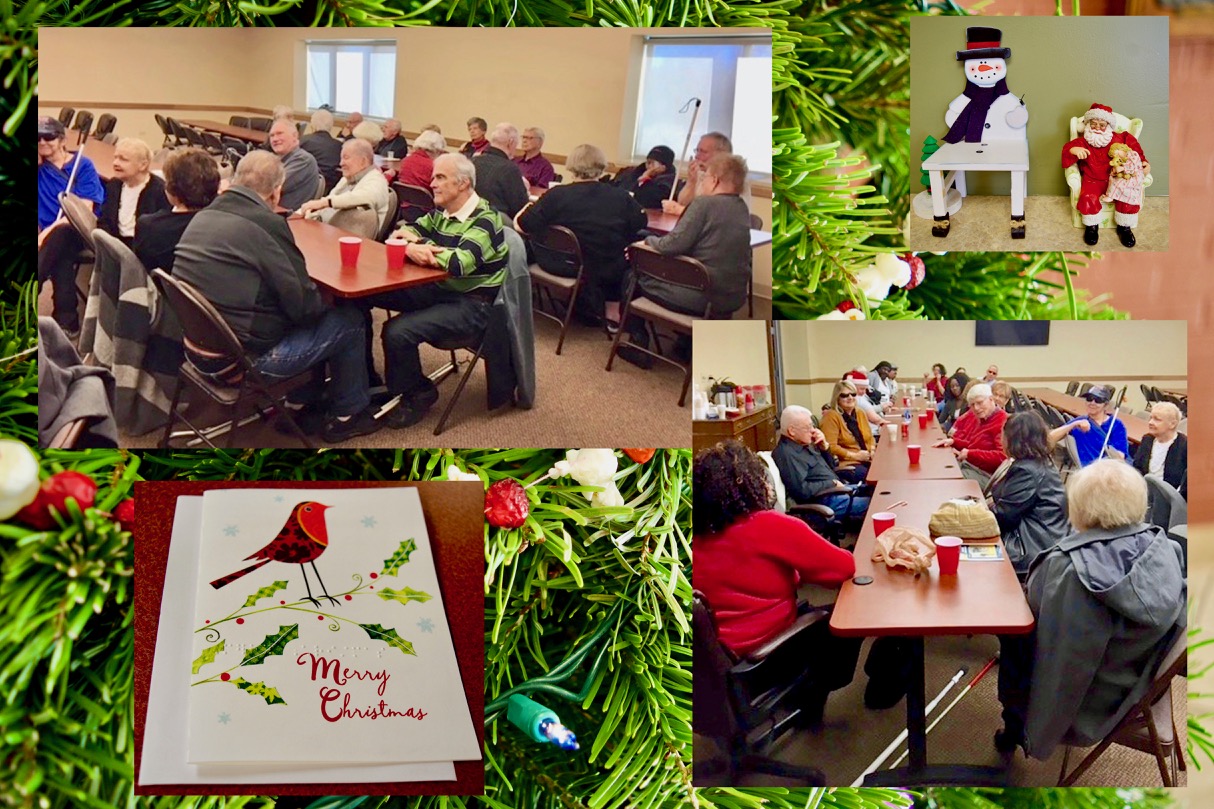 Festive Senior Christmas Party montage featuring 2 views of the Senior Party over a background of the CCB Christmas Tree with hand-strung popcorn and cranberries – Also a Braille Christmas Card and Snowman and Santa decorations