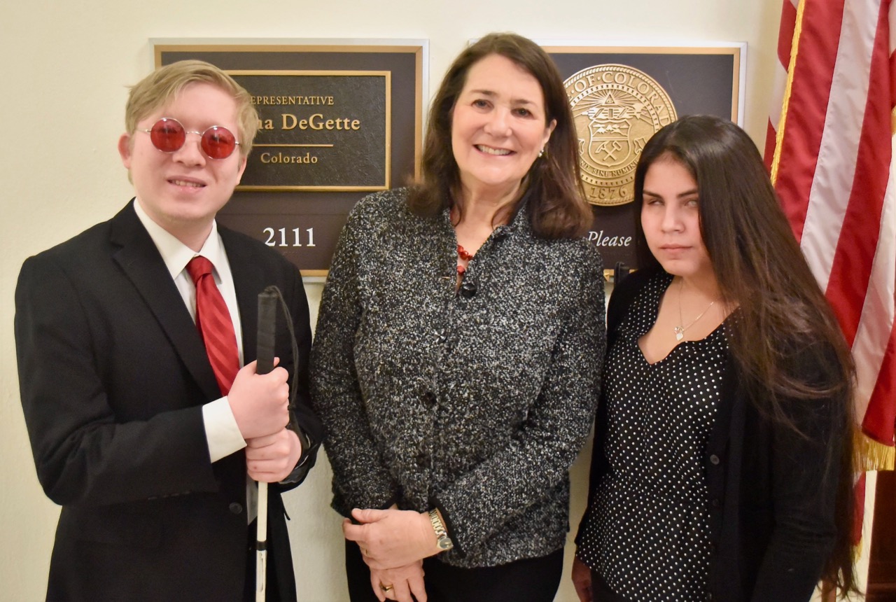 2019 HS Students at NFBinDC, L-R Ian Lee, Rep Diana DeGette, Deyannira Villa Cazares