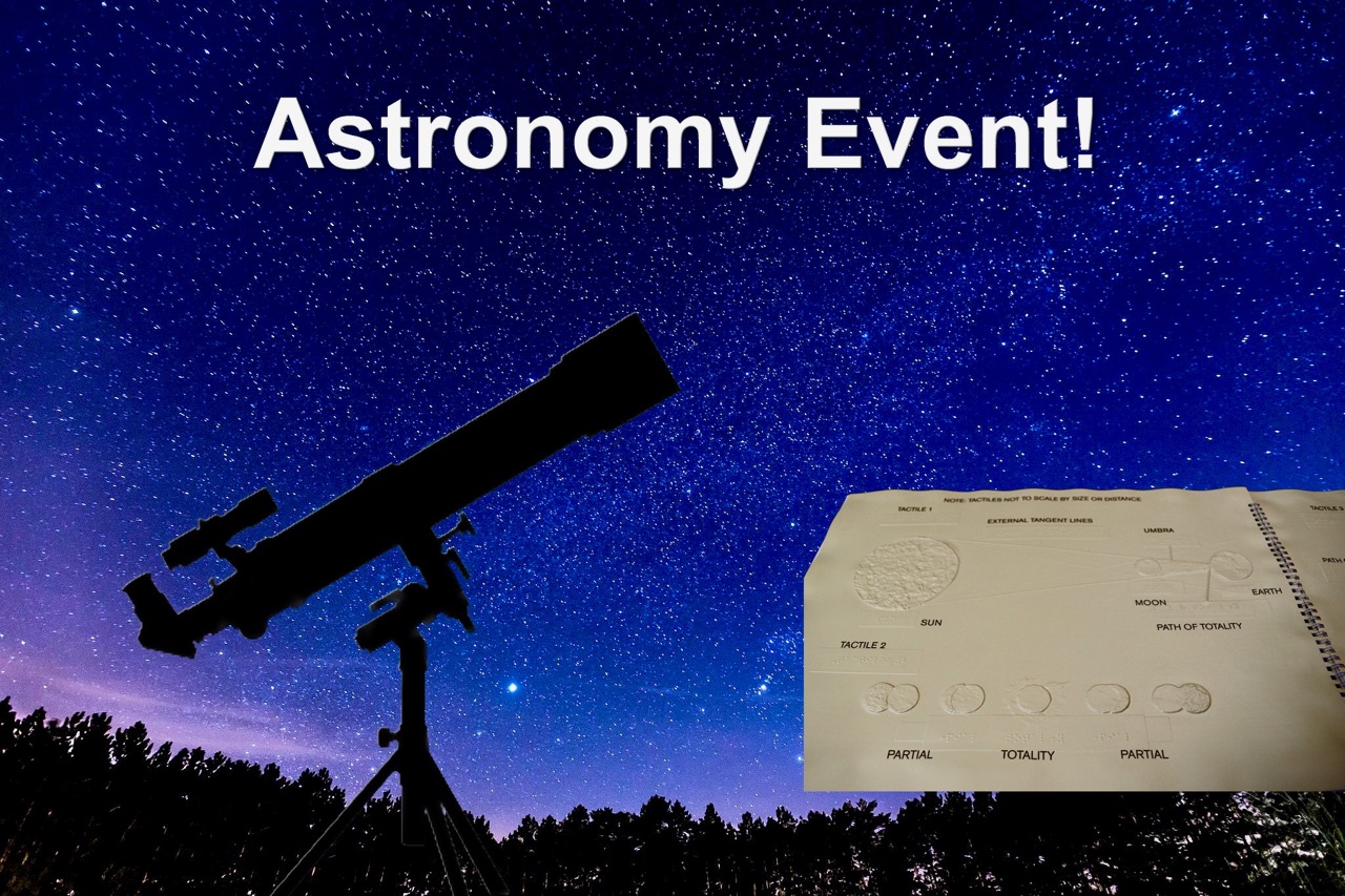 Astronomy Event - Telescope and tactile graphics in front of a star-filled night sky