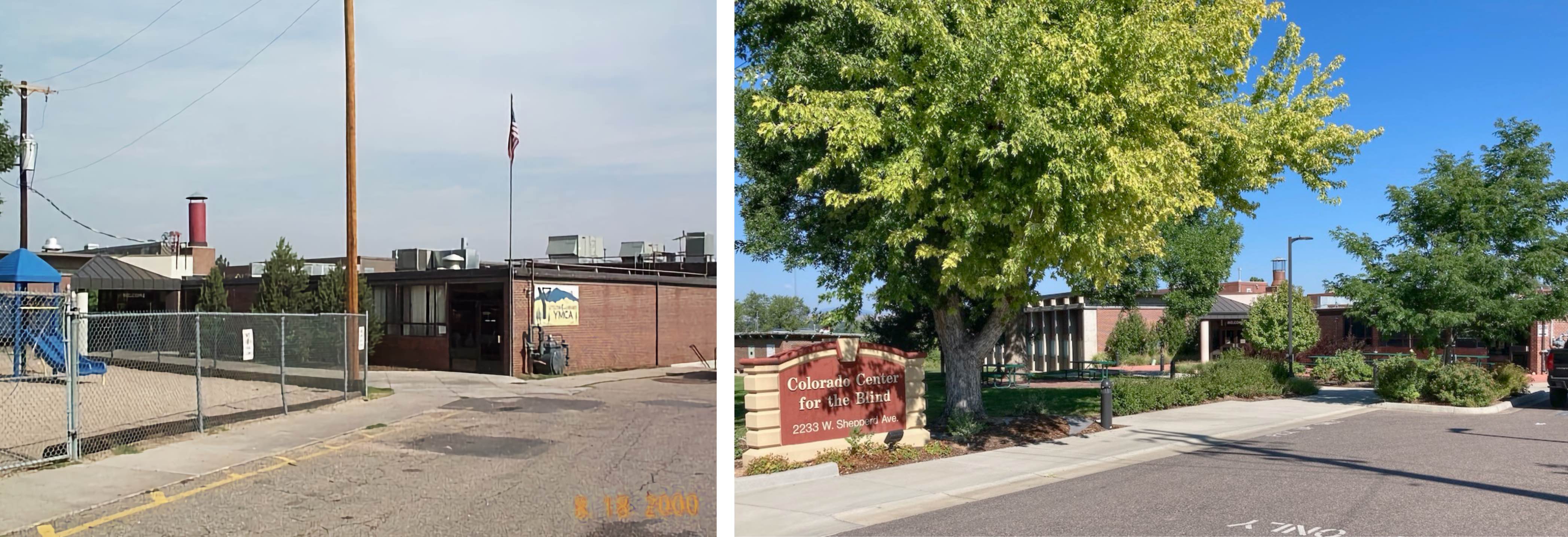 Side-by-side photos of the building's front taken decades apart. Left shows part of a fenced-in playground at the far left and a YMCA sign on the far right. The right photo shows a new street sign at the left, new sidewalks, a patio with picnic tables, a rose garden and more trees.