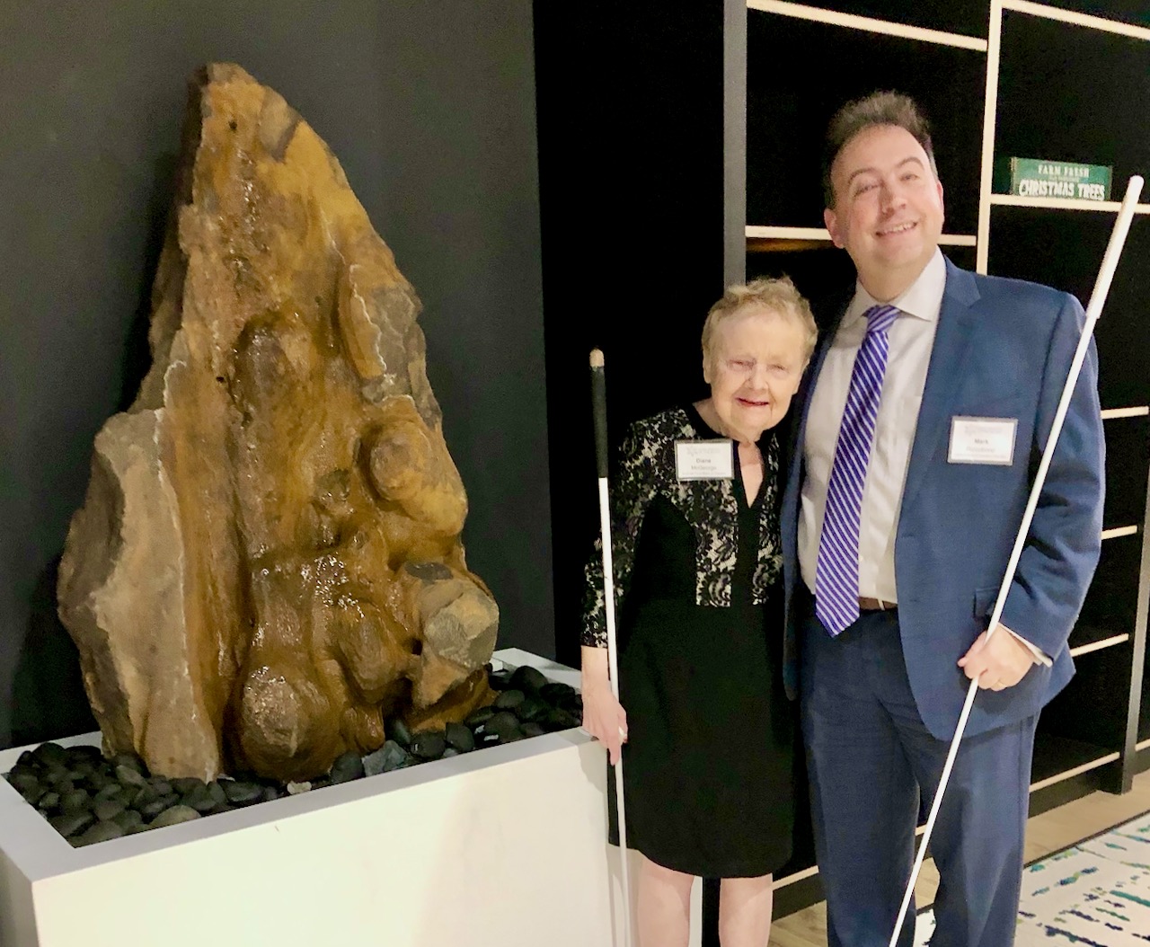 Diane McGeorge and Mark Riccobono in front of the fountain at the Jernigan Institute