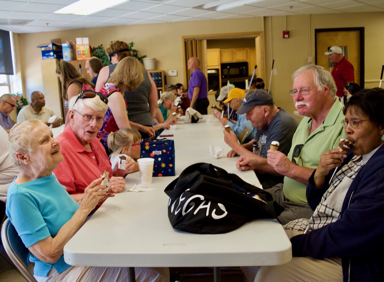 Diane with a group of seniors enjoying ice cream