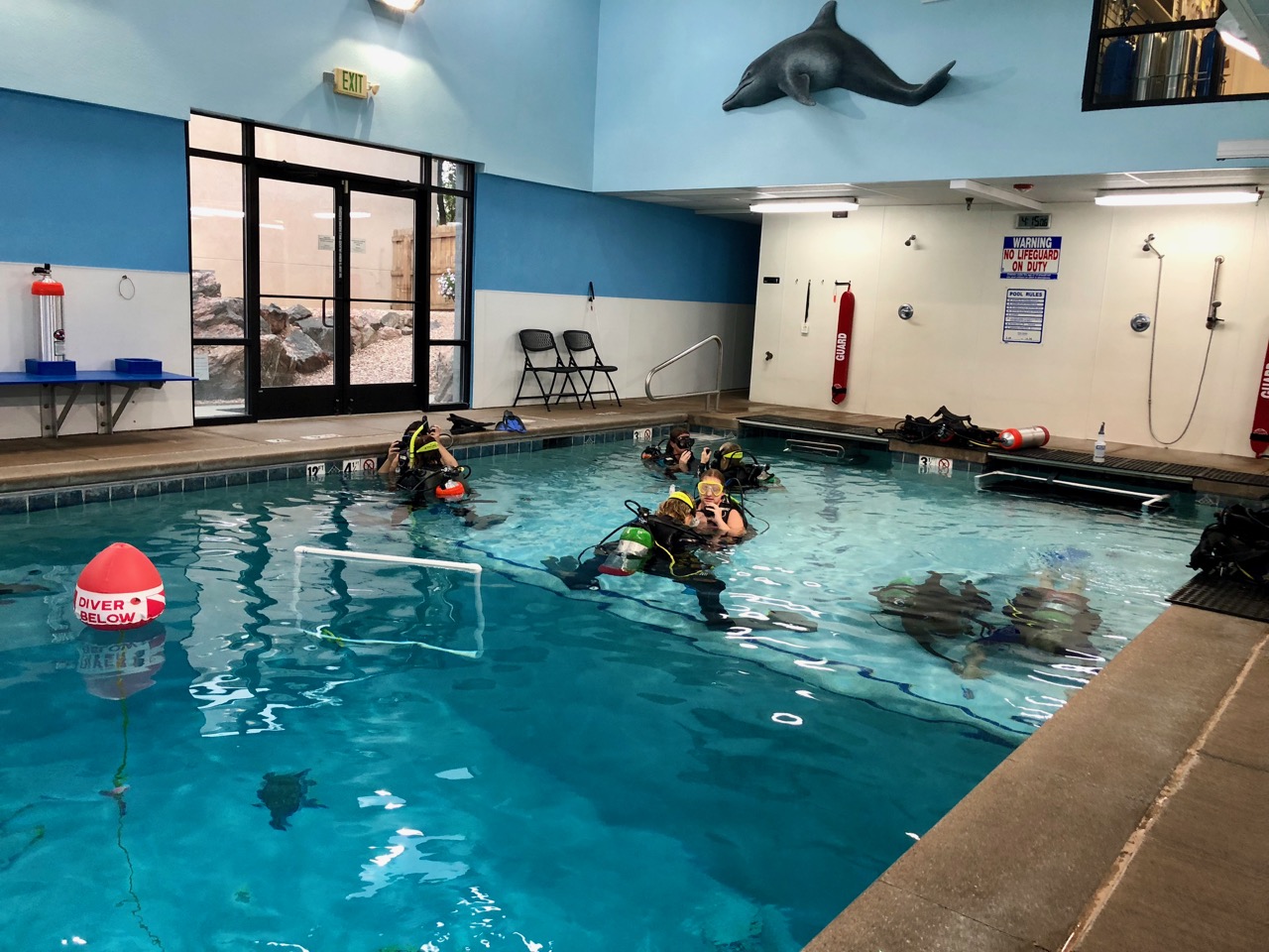 Four pairs of divers, some at the surface, some just below, and some on the bottom of the pool