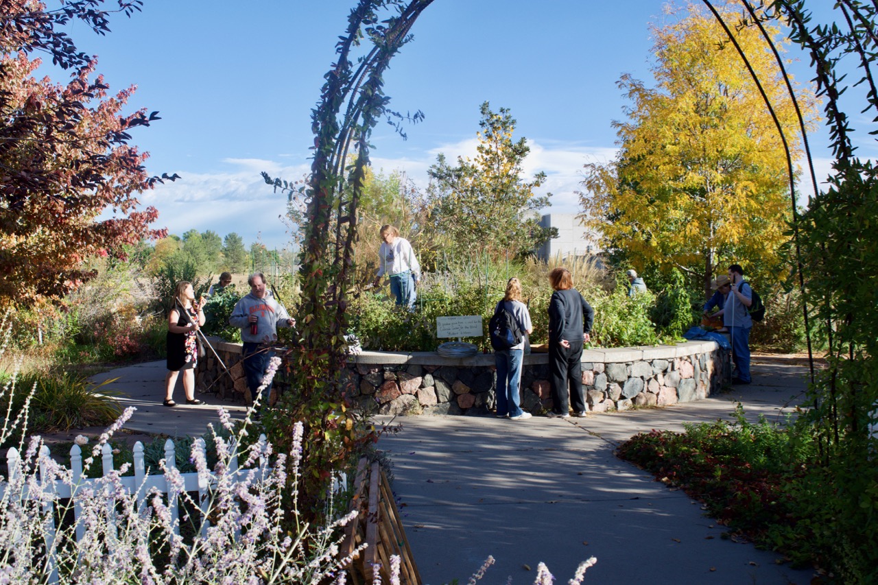 Looking through the garden arches at a group of CCB students and staff working in the garden against a wall of Fall colors