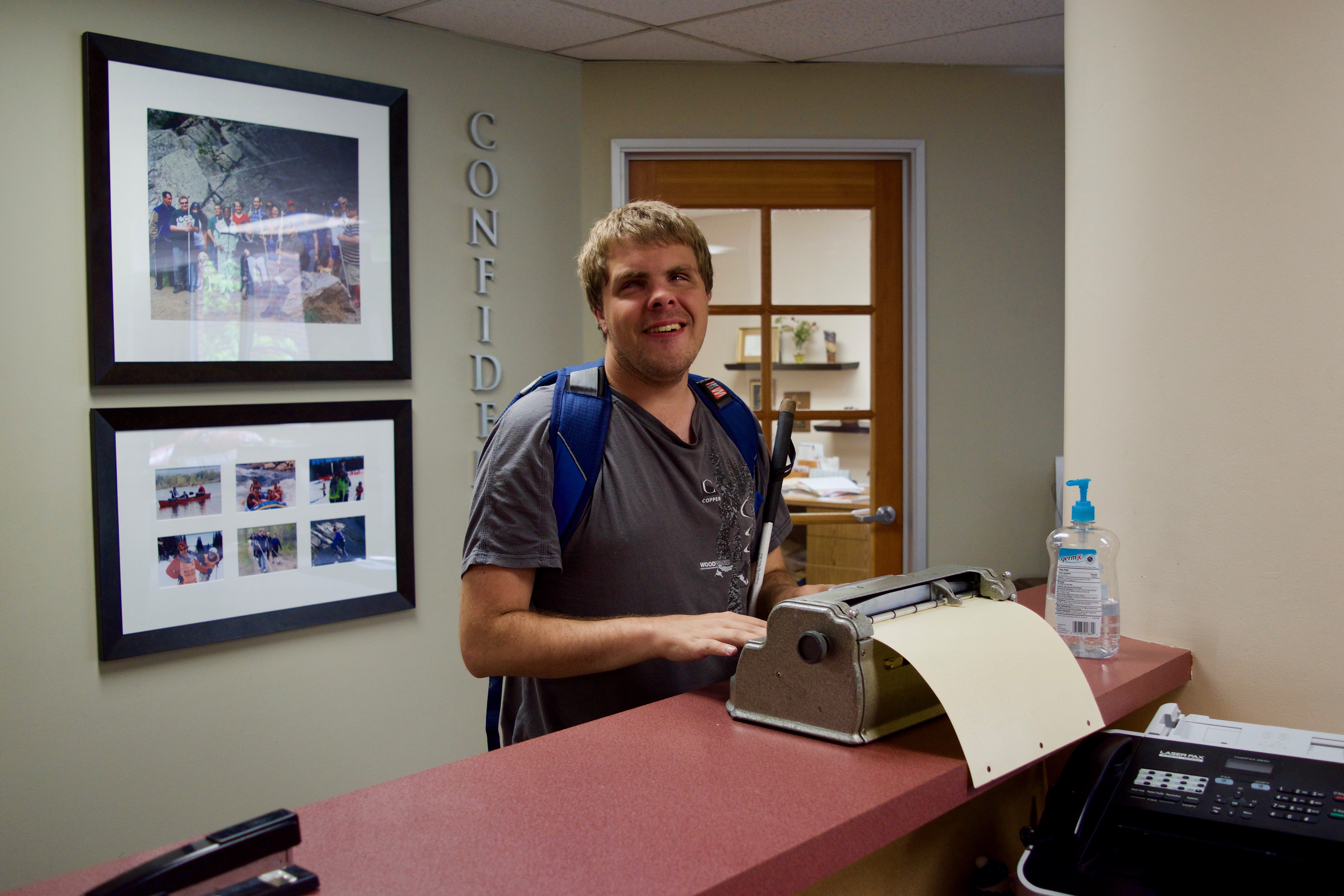 Mike at the lobby Brailler, checking himself in after a support drop