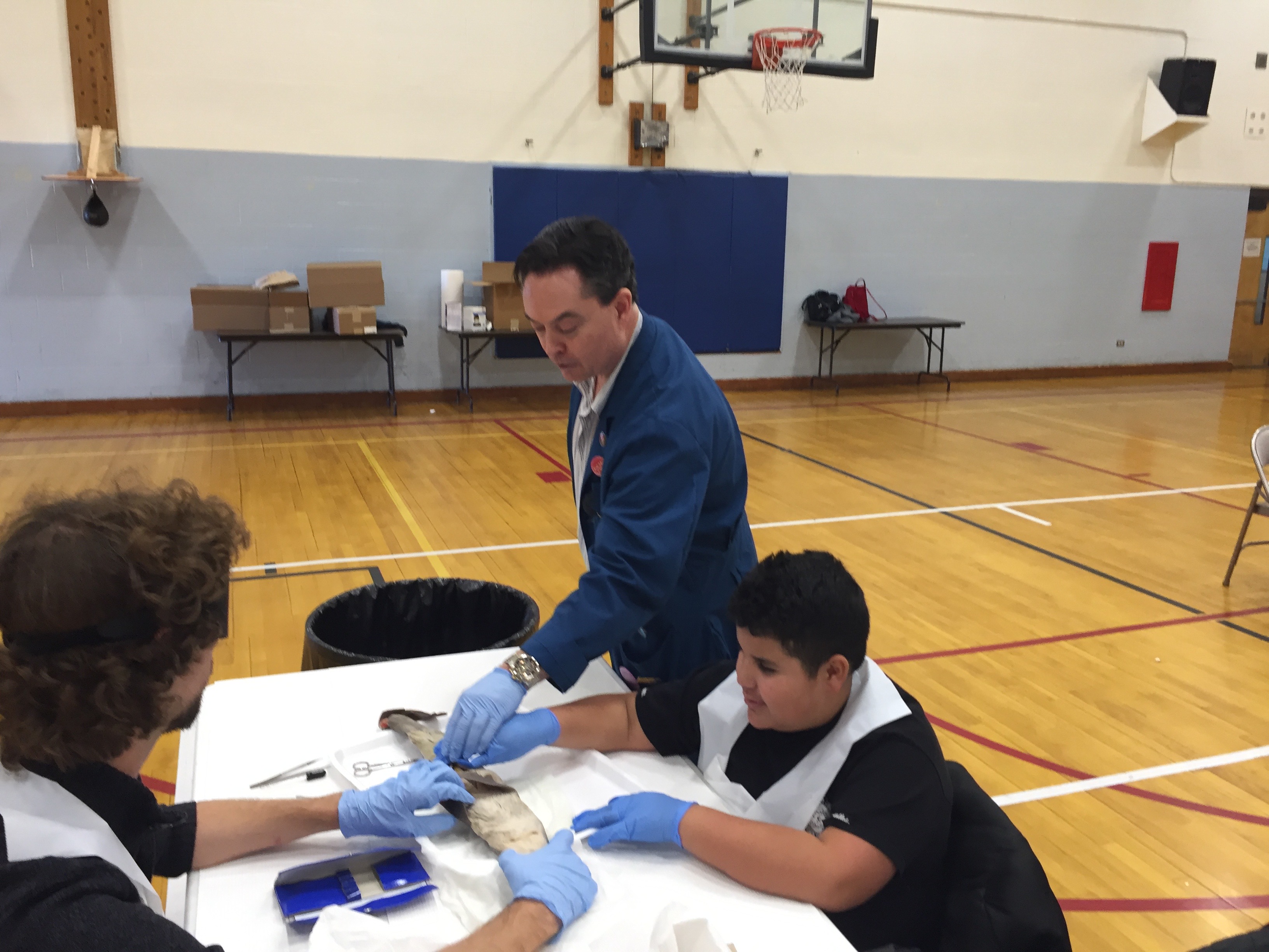 Professor leans in to point something out on the shark to CCB student Ethan working with middle-schooler Jaden