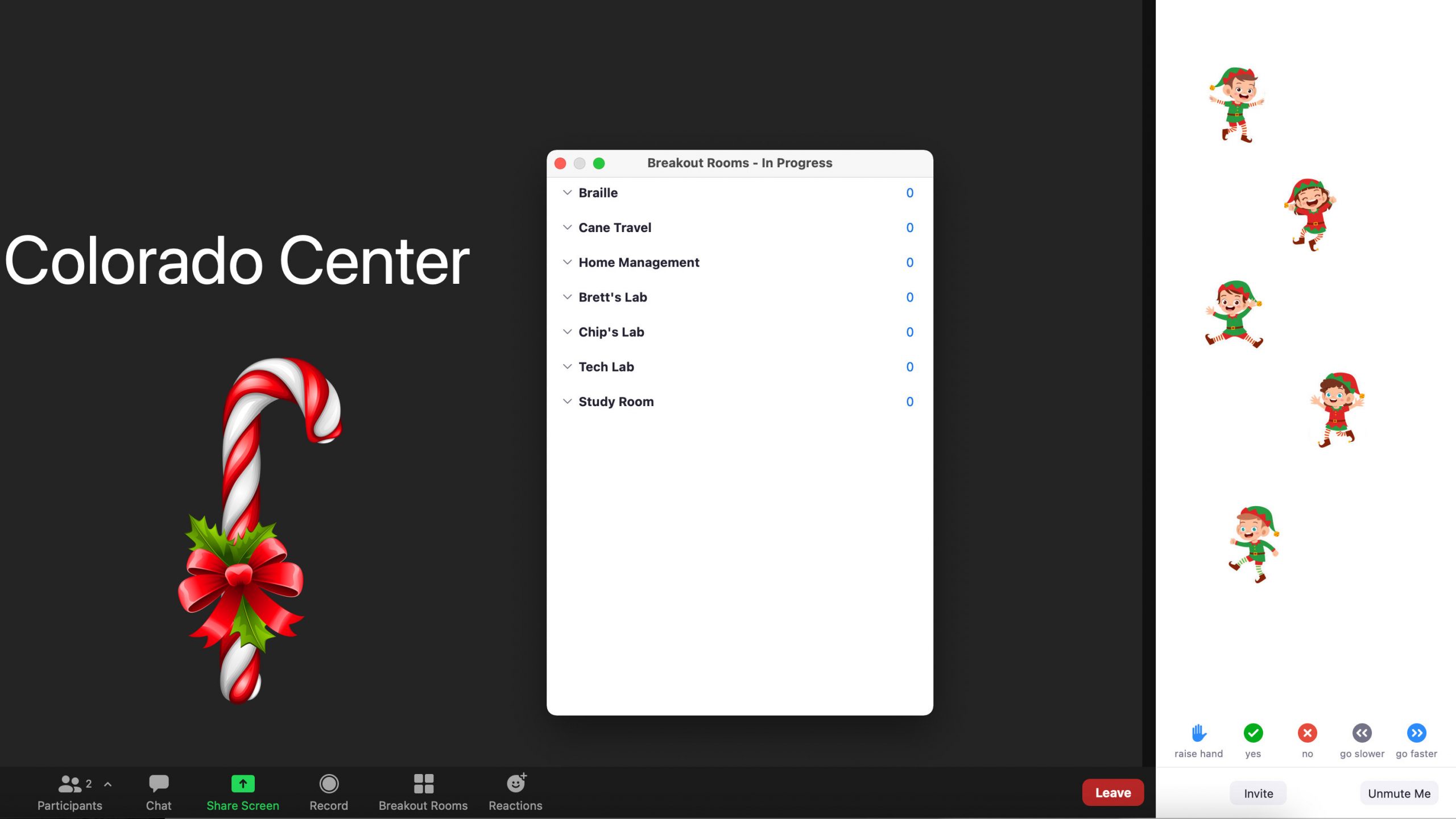 A mostly black-and-white screen shot of the Zoom app, showing Breakout Rooms in Progress