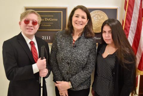 2019 HS Students at NFBinDC, L-R Ian Lee, Rep Diana DeGette, Deyannira Villa Cazares
