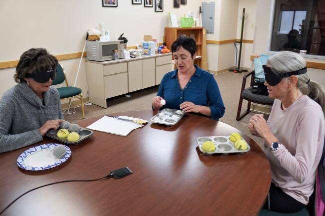 Anne teaches Braille concepts to two seniors using muffin tins and tennis balls