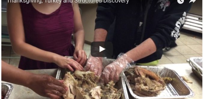 Three sets of hands work on a Fully Cooked Turkey