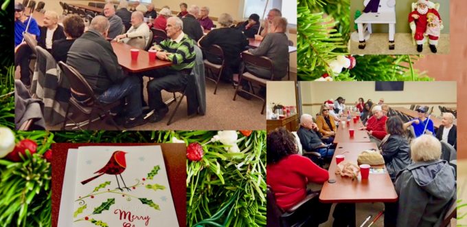 Festive Senior Christmas Party montage featuring 2 views of the Senior Party over a background of the CCB Christmas Tree with hand strung popcorn and cranberries - Also a Braille Christmas Card and Snowman and Santa decorations