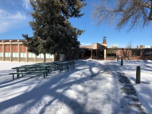 A deep snow covers the grounds of the Colorado Center for the Blind