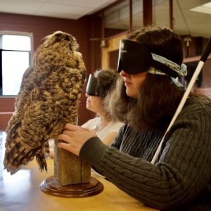 Ashley looks at a Great Horned Owl in Birding by Ear Class