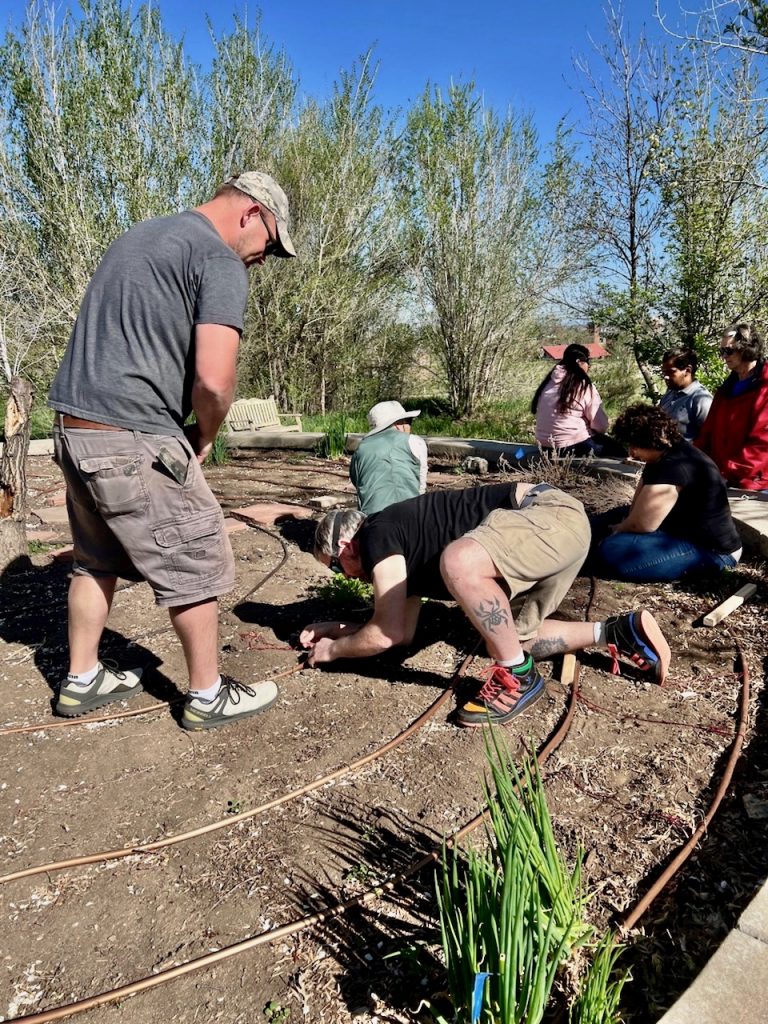 Fitz up in the raised bed on one knee is about to plant seeds. In the background, Bernice, Sarah, Alonzo and Master Gardeners are working