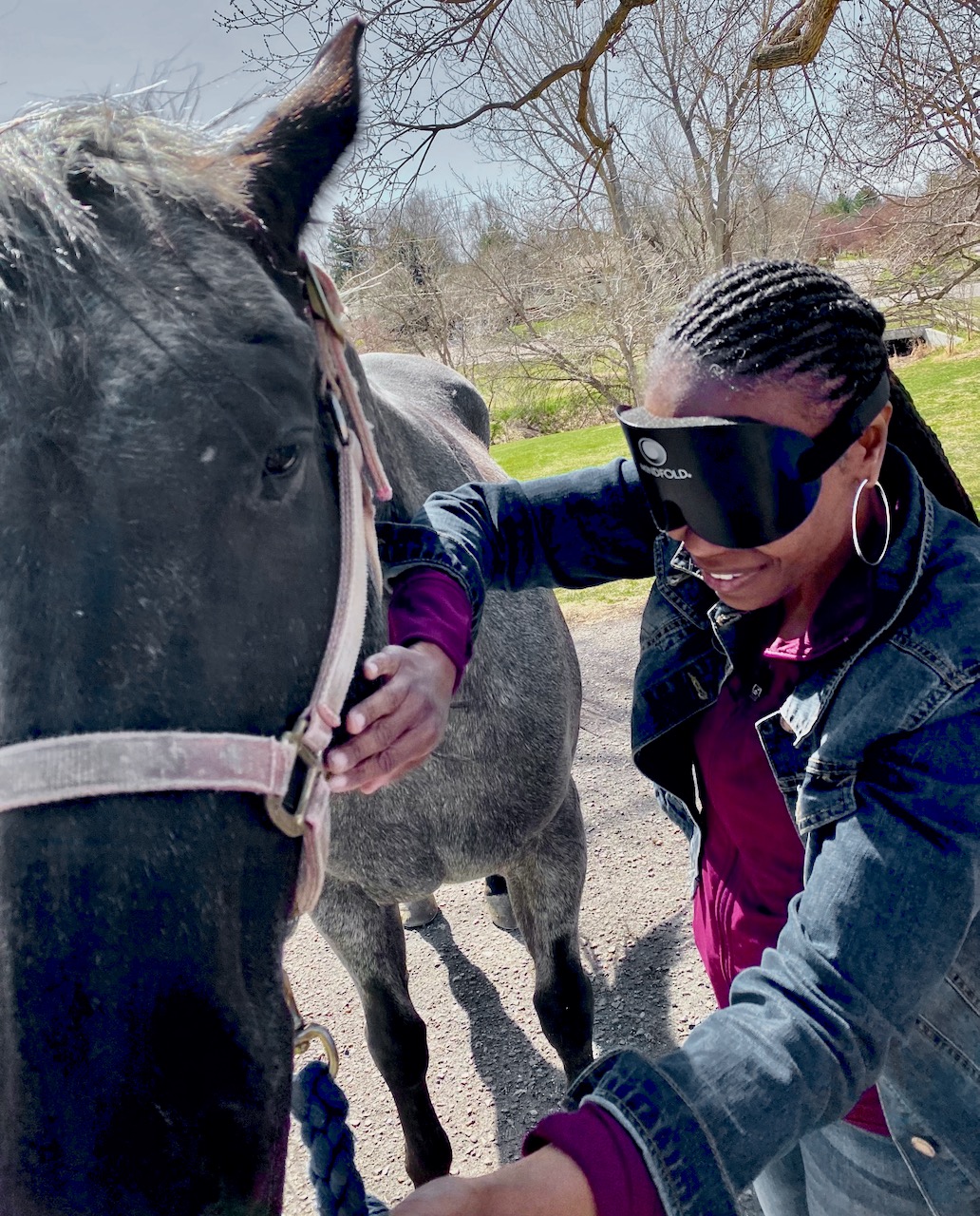 A blind woman with neatly braided hair, wearing a black blindfold and a denim jacket, gently strokes a large horse with a dark coat. Her left hand grips the horse's halter rope. The scene is outdoors on a sunny day with trees and green grass in the background.